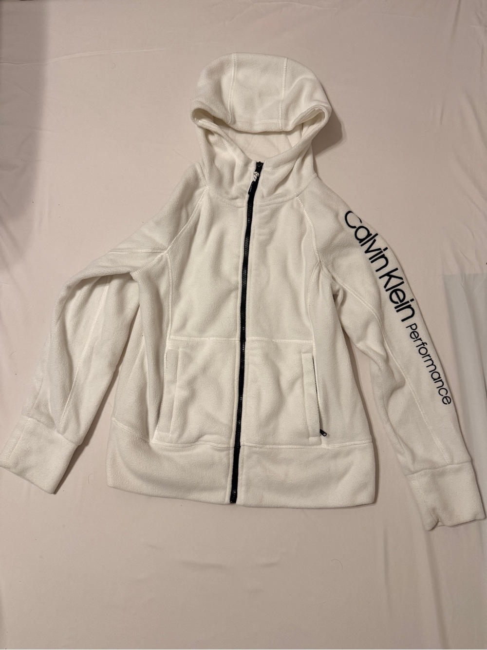 Calvin Klein Performance White Full-Zip Hooded Jacket with Black Zipper